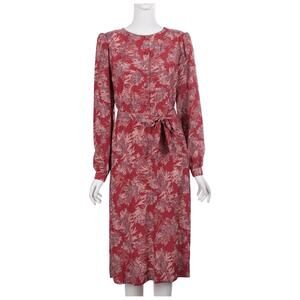 VINTAGE Le Sooik 80s 90s Silk Dress 8 Red Botanical Floral Print Long Sleeve